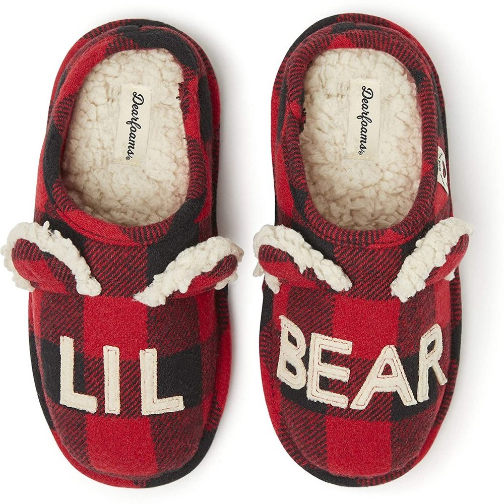 Dearfoams Kids Unisex Lil Bear Slippers Tartan Red Plaid